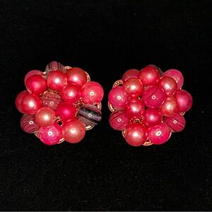 Vintage Japan Signed Pink Cluster Beaded Clip On Earrings